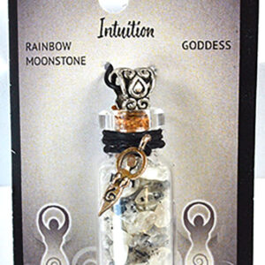 Rainbow Moonstone Chips in Bottle with Goddess necklace