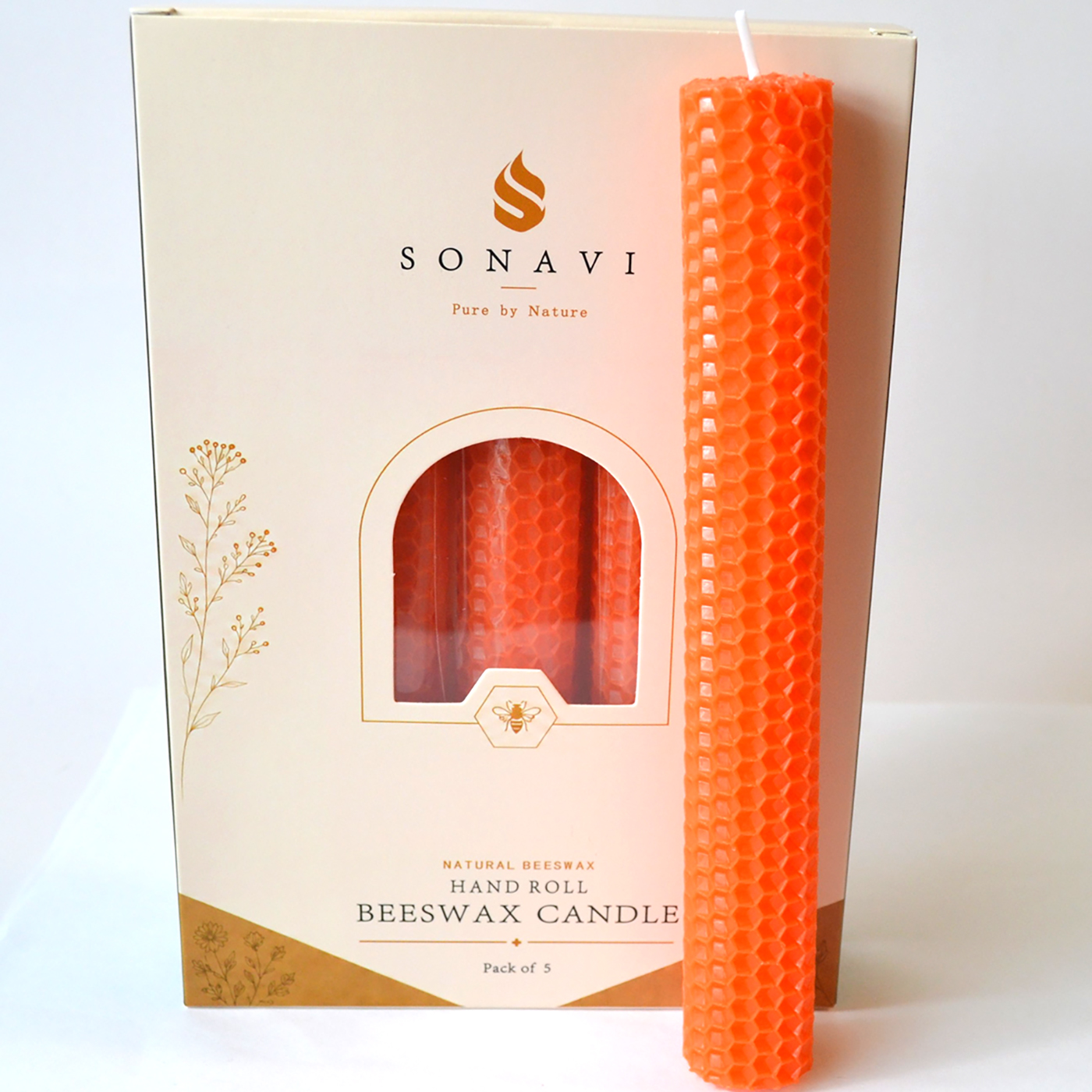 (set of 5) 8" Orange beeswax candles