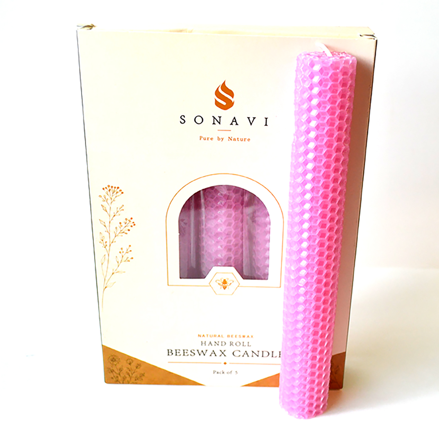 (set of 5) 8" Pink beeswax candles