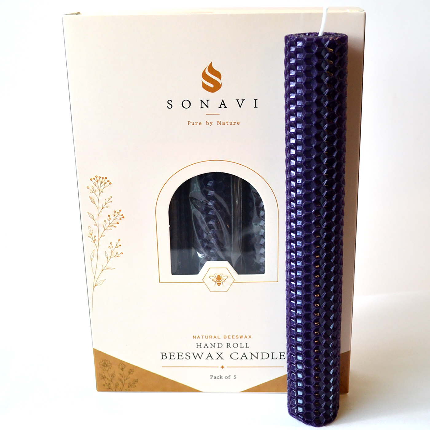 (set of 5) 8" Purple beeswax candles